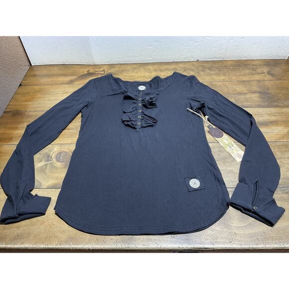 Double D Ranch Tops - Double D Ranch Women's Ruffle Long Sleeve Front Henley Black Shirt Size XL NWT